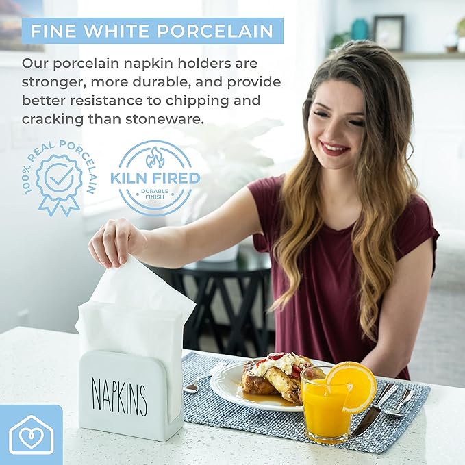 Heartland Home Porcelain White Napkin Holder. Large Napkin Dispenser for Cocktail or Luncheon Napkins. Vertical Napkin Holders for Kitchen, Tables and Outdoor. Farmhouse White and Black Servilletero