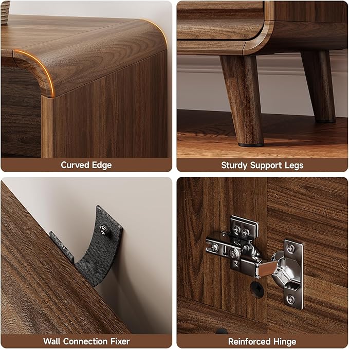 31.5" Sideboard Buffet Cabinet with Storage, Curved Sideboard with 2 Wave Doors and Angled Side Frame, Small Storage Cabinet with Adjustable Shelves, Coffee Bar Cabinet for Dining Room, Walnut