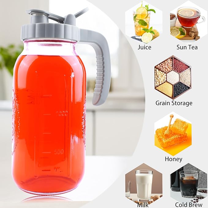 64 Oz Mason Jar Pitcher With Lid Wide Mouth Half Gallon Glass Pitchers 2 Quart Cold Hot Water Jug For Coffee,Lemonade, Iced Tea,Homemade Drinks,Milk,Juice Storage Container For Refrigerator