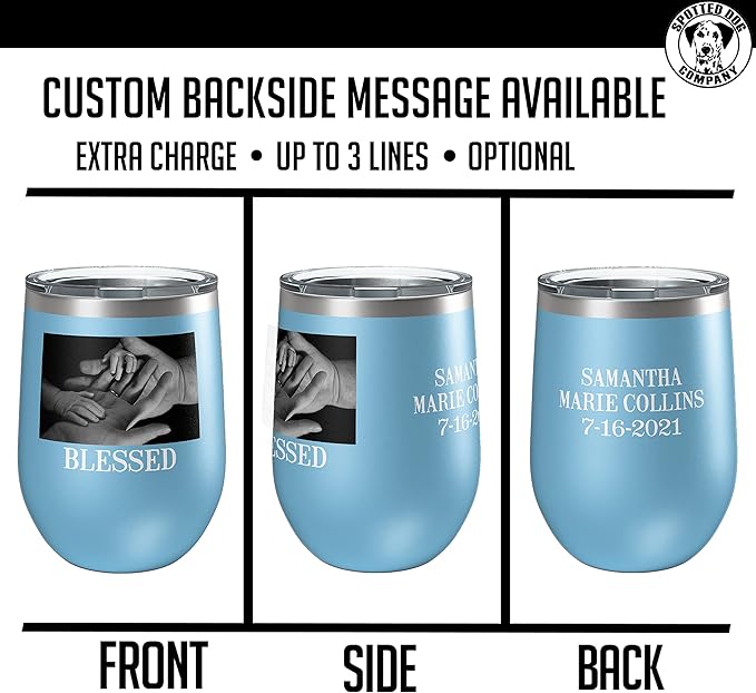 Personalized Mothers Day 12oz Photo Picture Printed Insulated Stainless Steel Powder Coated Stemless Wine Tumbler with Lid, Customized Mum Gift Idea Her, Custom Mom Coach Gifts Team (Light Blue)