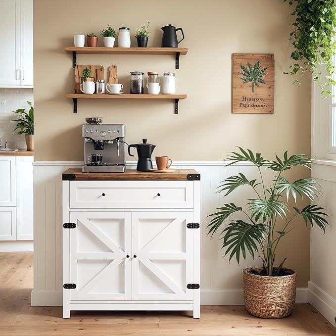 YESHOMY Coffee Bar and Accent Cabinet, Farmhouse Barn Door Buffet Sideboard with Drawer and Adjustable Shelf, Wide Desktop for Kitchen, Dining Room, Bathroom, Entryway, Rustic Brown & White
