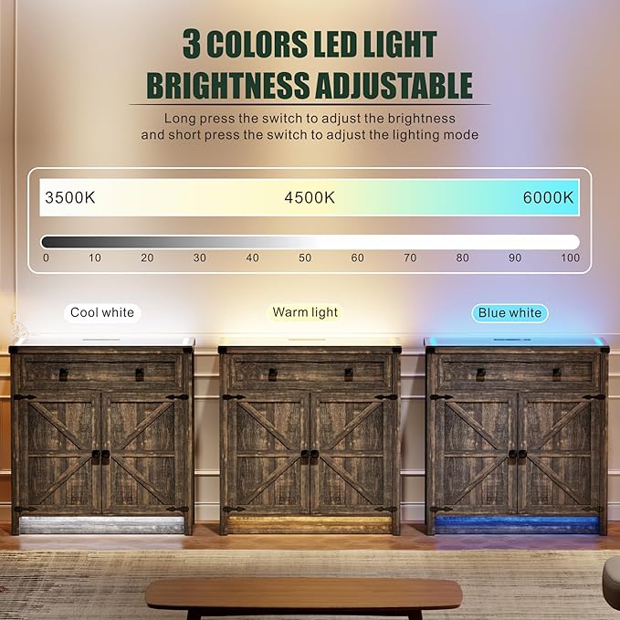 FREDEES Buffet Sideboard with Storage,Farmhouse Coffee Bar Cabinet with Drawers and Shelves,Buffet Cabinet with LED Lights for Kitchen,Living Room,Dinning,Brown