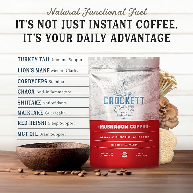 Crockett Coffee Organic Mushroom Coffee with MCT Oil | Antioxidant Rich Functional Blend of 7 Organic Mushrooms for Clear Focus, Gut Health & Clean Energy | Bold American Made Flavor, 30 Servings