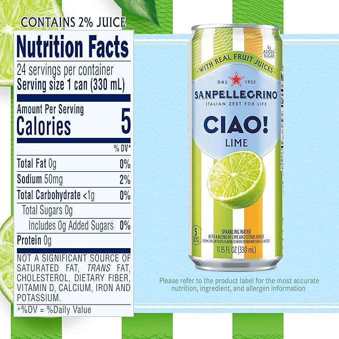 Sanpellegrino CIAO! Lime Sparkling Water, Low-Calorie Italian Sparkling Water with Real Fruit Juices, 0g Added Sugar, 24-Pack