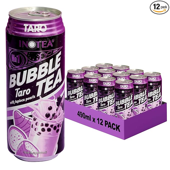Inotea Bubble Tea with Tapioca Pearls - Delicious, Instant Boba Tea - Ready-to-Drink Black Milk Tea - Comes in Large 16.6 oz Cans - Enjoy Real Boba Without the Long Lines - Taro - 12 pack
