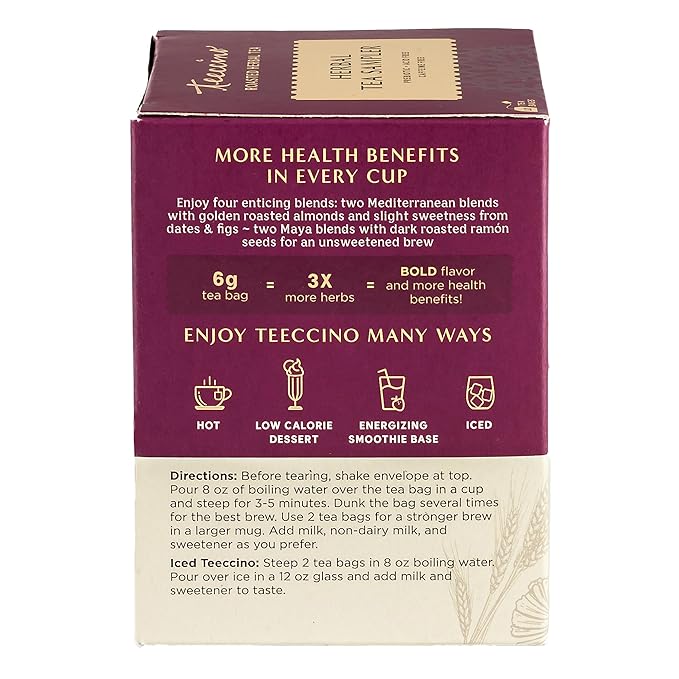 Teeccino Herbal Tea Sampler Assortment - 12 Tea Bags - Maca Chocolaté, French Roast, Hazelnut, Vanilla Nut - Roasted Caffeine Free Herbal Tea, Prebiotic for Natural Energy