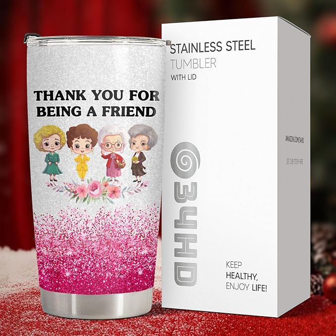 34HD Golden Tumbler 20oz – Thank You for Being a Friend – Double Wall Vacuum Insulated Stainless Steel Cup – Keeps Drinks Hot or Cold – Glitter Travel Mug Gift for Women & Friends