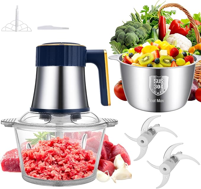 Food Processor, Electric Meat Grinder & Vegetable Chopper with 8 Cup Stainless Steel & 8 Cup Glass Bowls, Electric Food Chopper 400W Motor and 2 Sets Bi-Level Blades for Kitchen Appliances