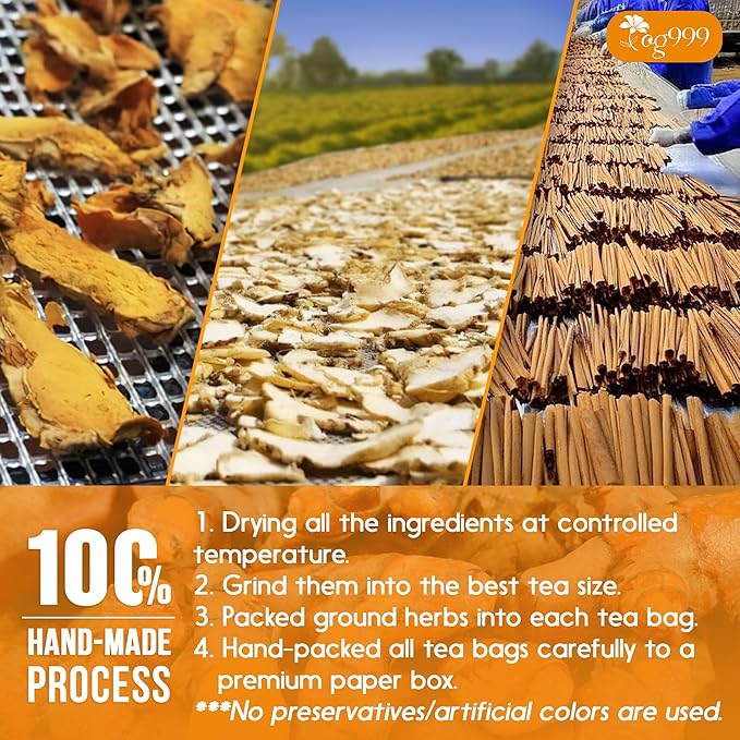 TOG999, Turmeric Ginger Cinnamon Tea Bags | 60 Count | Herbal Blend with Turmeric, Ginger, Cinnamon Stick & Chamomile Flowers for Relaxation | Naturally Flavorful, Caffeine-Free | Packed in Paper Box