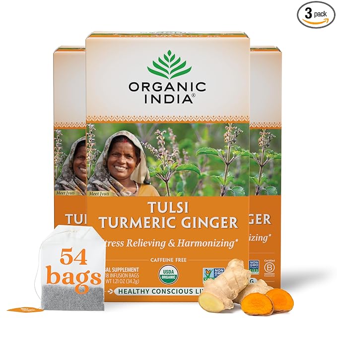 ORGANIC INDIA Tulsi Tumeric Ginger Herbal Tea - Stress Relieving & Harmonizing, Immune Support, Aids Digestion, Vegan, Caffeine-Free - 54 Infusion Bags, 3 Pack