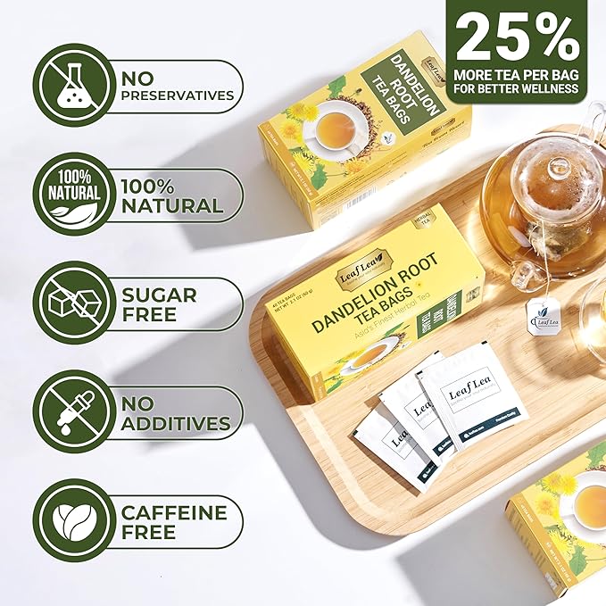 LeafLea 120 Dandelion Root Tea Bags, Dandelion Tea Promotes Healthy Digestion & Immune Function, Natural and Pure from Dandelion Root Herbal Tea, Caffeine-Free, Sugar-Free, Vegan, Pack of 3