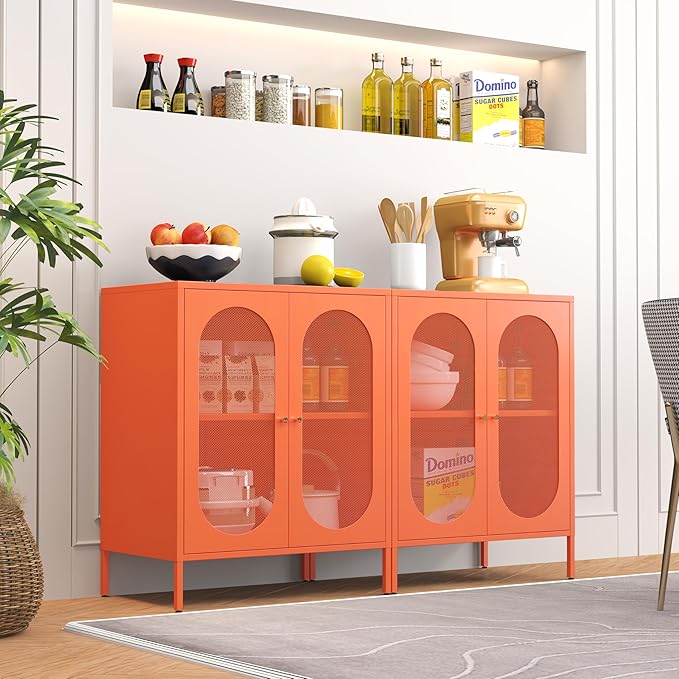 Small 2 Transparent Door Metal Storage Side Buffet Cabinet for Bed Room,Living Room,Entryway,Hallway,Home,Hotel,Office,Garage,Kitchen,1 Removable Shelf. (Mesh Door, Orange)