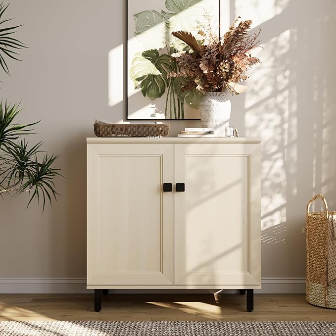 Multifunctional Buffet Sideboard Cabinet Farmhouse Modern Storage Cabinet with Adjustable Shelves for Kitchen, Coffee Bar, Living Room, Beige