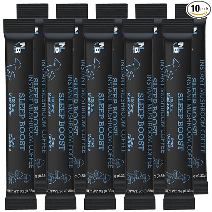 Sleep Boost Organic mushroom Instant Coffee - 10 x 9g Packets - Healthy Coffee alternative and Substitute - With Collagen, Lions Mane and Antioxidant