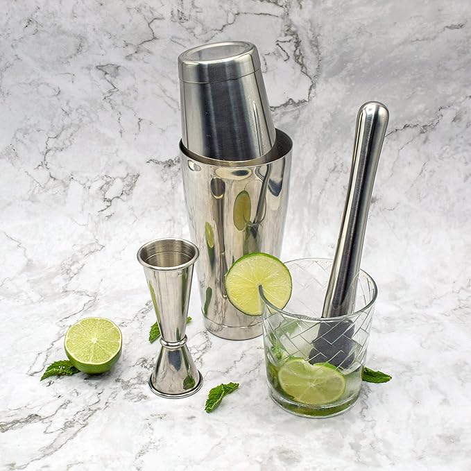Boston Shaker Set for Cocktails with 28oz and 18oz Weighted Tins, Professional Muddler and Jigger - Stainless Steel Bar Tools (4pc set)
