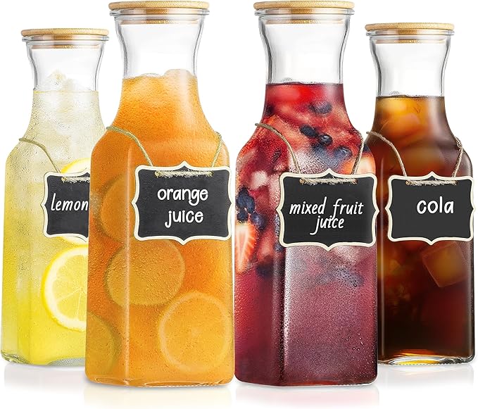 35 Oz Square Glass Carafe with Bamboo Lid, Beverage Dispensers, Mimosa Bar Supplies, Clear Glass Pitcher with Name Labels for Iced Tea, Coffee,Juice(Pack of 4)