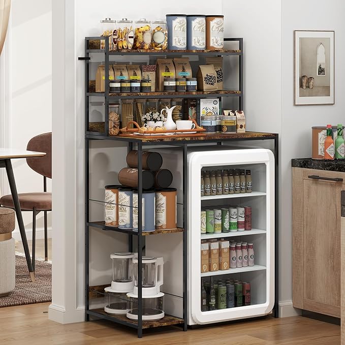 ELECWISH Mini Fridge Stand with Storage Shelves, 5-Tier Kitchen Bakers Rack, Space Saving Mini Fridge Cabinet, Adjustable Left/Right Organizer with Power Outlet, Brown