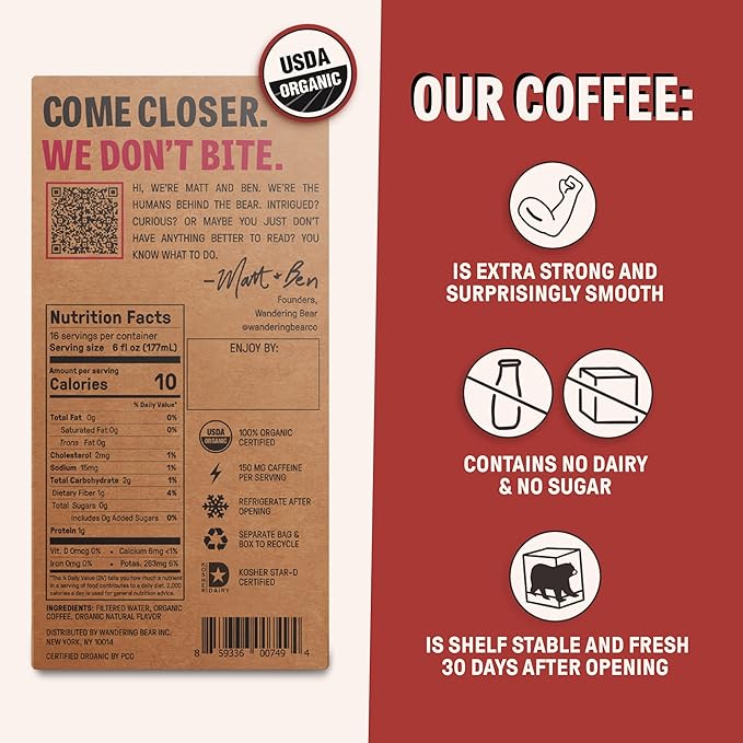 Wandering Bear Organic Mocha Cold Brew Coffee On Tap, Iced Coffee Drink - Extra Strong, Bold, Smooth, No Sugar Added, Shelf-Stable, Ready to Drink,Gluten Free & Vegan -16 Servings of 6fl.oz -96fl.oz