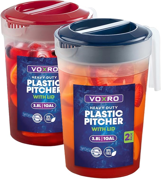 2-Pack 1-Gallon Plastic Pitchers with Lids – Iced Tea Pitchers with Twist Cover BPA-Free, Dishwasher & Freezer Safe, Ideal for Water, Juice & Fridge Storage