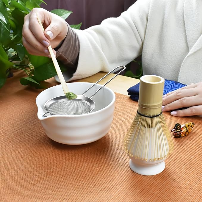 Artcome 7-Piece Matcha Tea Set - Complete Japanese Ceremony Kit with Bowl, Whisk, Scoop, Strainer & Guide, White