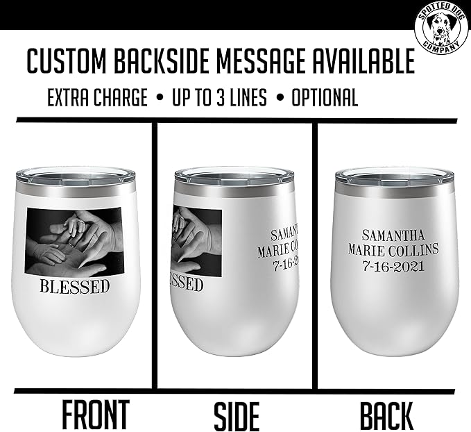 Personalized Mothers Day 12oz Photo Picture Printed Insulated Stainless Steel Powder Coated Stemless Wine Tumbler with Lid, Customized Mum Gift Idea for Her, Custom Mom Coach Gifts Team (White)