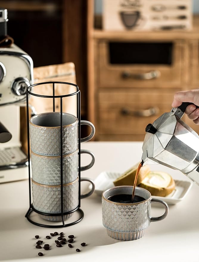 Gomakren Coffee Mugs Set of 4, 13 Ounce Stackable Coffee Mugs with Stand, Christmas Ceramic Coffee Cups with Spoon for Coffee, Espresso, Cappuccino, Latte, Cocoa, Tea and Milk, Light Gray