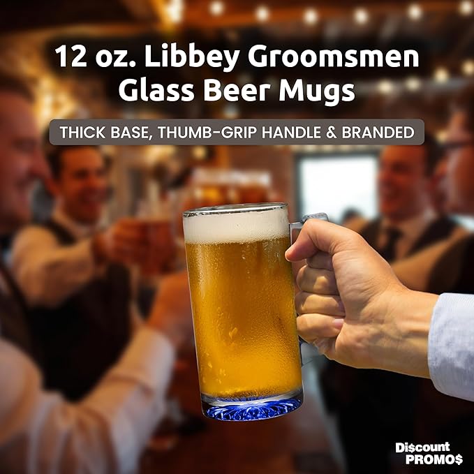 12 Libbey Beer Mugs Set, 12 oz. - Groomsmen Glassware - Blue