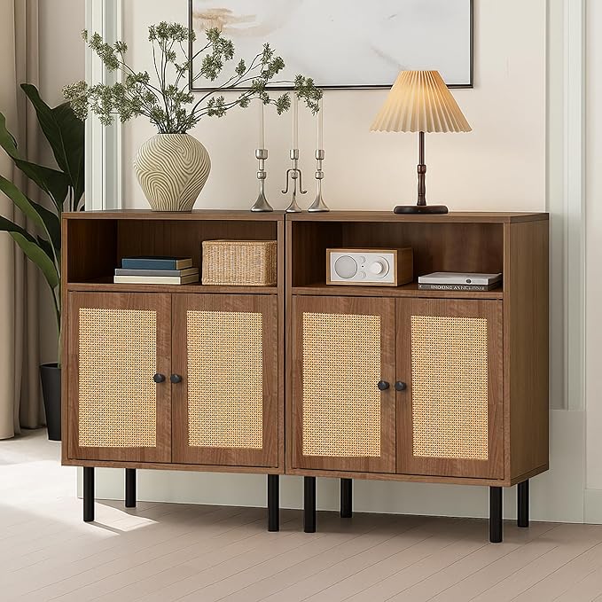 Rattan Storage Cabinet, Boho Accent Cabinet with Double Doors, Small Freestanding Sideboard for Hallway, Laundry Room,Kitchen, Dining Room, Entryway(Walnut)