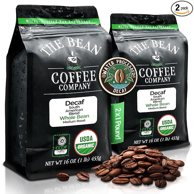The Bean Organic Coffee Company Water Processed DECAF South America Blend, Medium Roast, Whole Bean Coffee, 16-Ounce Bags (Pack of 2)