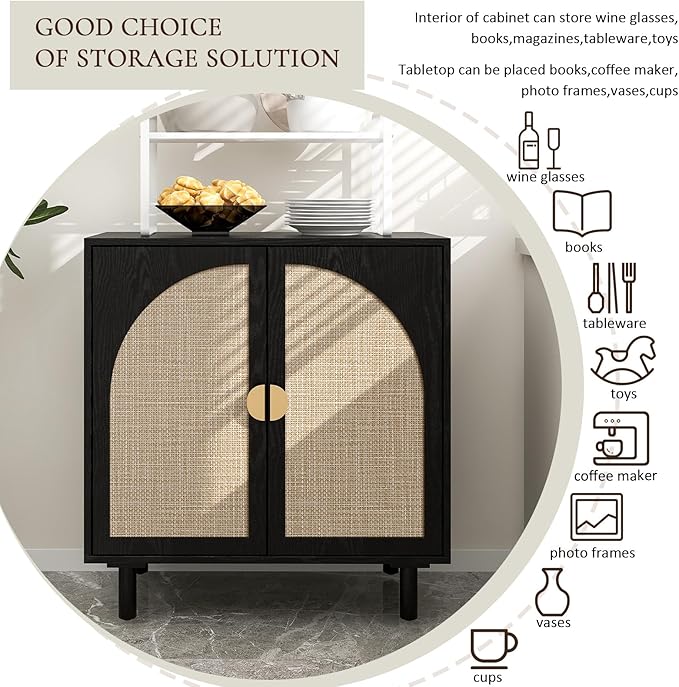 Black Minimalist 2-Door Sideboard with Woven Textured Panels, Black Storage Cabinet with Adjustable Shelf, Modern Accent Furniture for Hallway & Entryway & Apartments