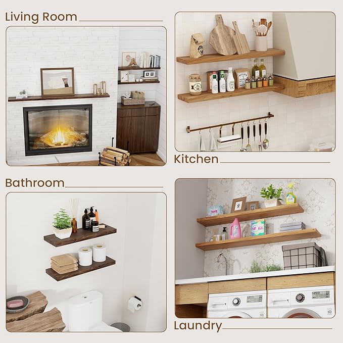 Floating Shelves for Wall Decor, 8 Inch Deep Rustic Solid Elm Wood Floating Shelves Wall Mounted, Wall Shelves with Invisible Bracket for Living Room Bathroom Bedroom Kitchen, 55 Inch Set of 1, Walnut