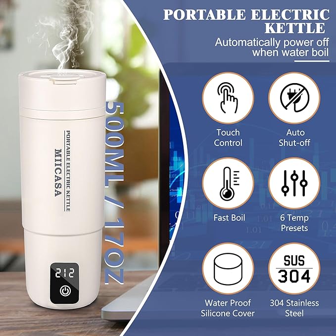 Travel Electric Kettle,Miicasa Dual Voltage 120-230V Portable Water Heater with 6 Temperature Preset and Auto Shut-Off Boil Dry,for Global Use