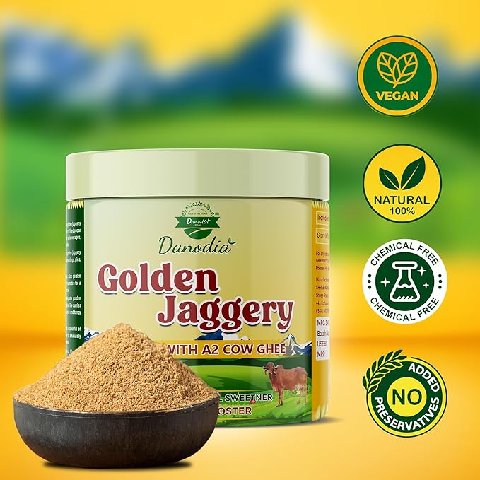 Danodia Foods Golden Jaggery with A2 Cow Ghee, 14.1 oz (400 g) | Cane Juice Jaggery Infused with Pure A2 Ghee | Rich Caramel-Butter Taste for Coffee, Tea, Baking, Desserts