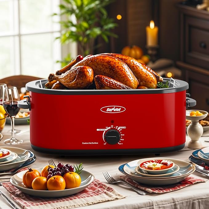 Sunvivi 26 Quart Roaster Oven, Electric Roaster Oven with Glass Lid, Turkey Roaster Buffet with Self-Basting Lid, Removable Pan, Cool-Touch Handles, Red