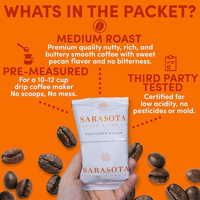 Southern Pecan Ground Packets – Medium Roast Flavored Fractional Packs, 1.75 oz Single-Pot Pouches for 12 Cup Brewers, Low Acid Mold Free Bulk 100 Count