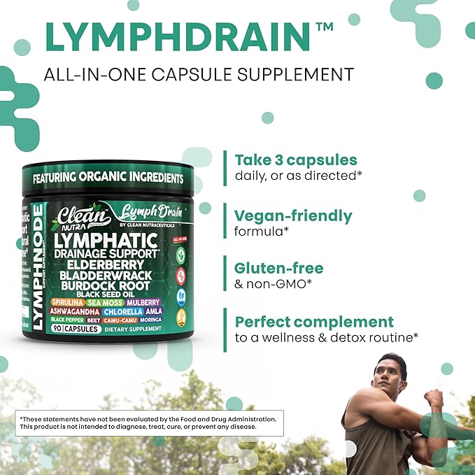 Organic Lymphatic Drainage Supplements | Elderberry Bladderwrack Burdock Root Black Seed Oil Spirulina Sea Moss Ashwagandha Chlorella Amla Beet Moringa Chlorophyll Lymph System Capsules By Clean Nutra