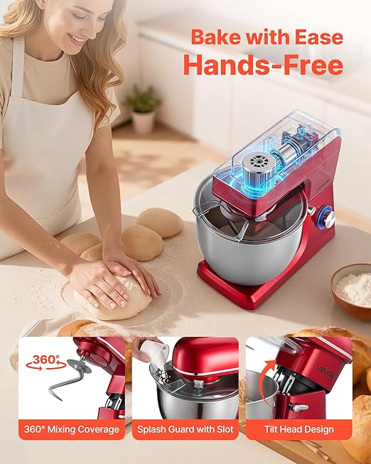VEVOR Stand Mixer, 10.3 QT Electric Kitchen Mixer, 660W Dough-Mixer, 6 + Pulse Speeds Tilt-head Food-Mixer with Stainless Steel Bowl, Dough Hook, Whisk, Beater, for Baking, Mixing, Whipping & Kneading