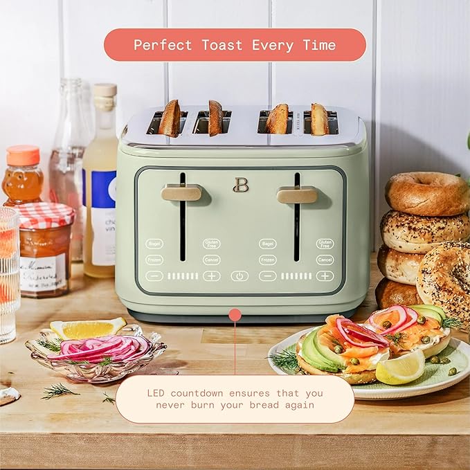 Beautiful 4 Slices Toaster with Touch-Activated Digital Display, Extra Wide Self-Adjusting Slots, Adjustable Shade Control, by Drew Barrymore (Green)