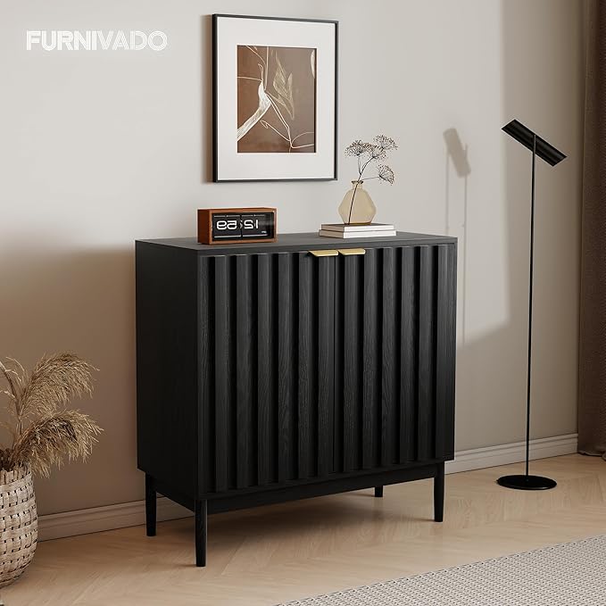 Fluted Cabinet with Storage, Buffet Cabinet Sideborad with 2 Doors, Black Buffet Storage Accent Cabinets with Adjustable Shelves for Living Room, Entry, Hallway, Kitchen
