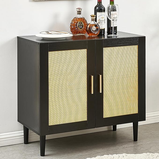 27.9 Inch Accent Sideboard Buffet Cabinet with Storage, Rattan Cabinet with Doors and Shelves, Black Farmhouse Coffee Bar Kitchen Storage Cabinets for Entryway Living Room