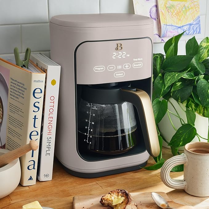 Beautiful 14-Cup Programmable Single Serve Drip Coffee Maker with Touch Display - Automatic Coffee Machine with Timer for Home & Office - by Drew Barrymore (Porcini Taupe)