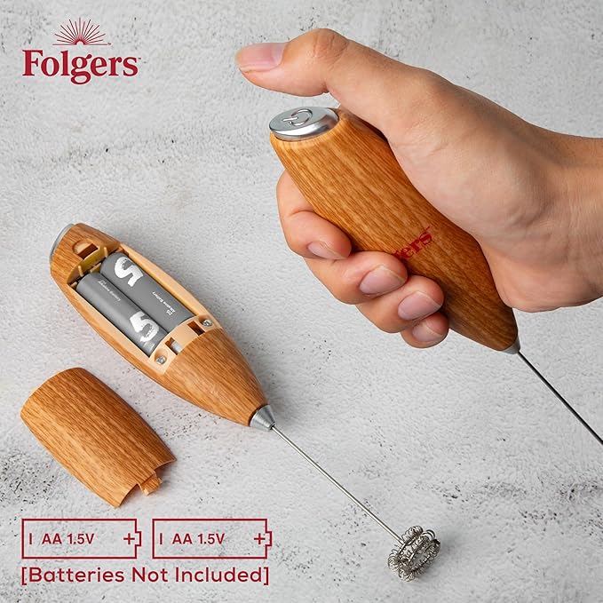 Folgers Electric Coffee Milk Frother – Handheld Battery-Operated Drink Mixer with Stainless Steel Whisk & Stand, Wood-Grain Finish, Perfect for Lattes, Cappuccinos & Hot Chocolate