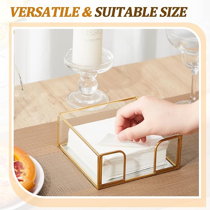 LemonRoad 2 Pcs Square Gold Napkin Holder for Table 5.7 x 5.7 Inch Decorative Cocktail Napkin Holder Glass Flat Paper Basket for Kitchen Dining Buffet Bar Counter Wedding Party Restaurant Bar Hotel