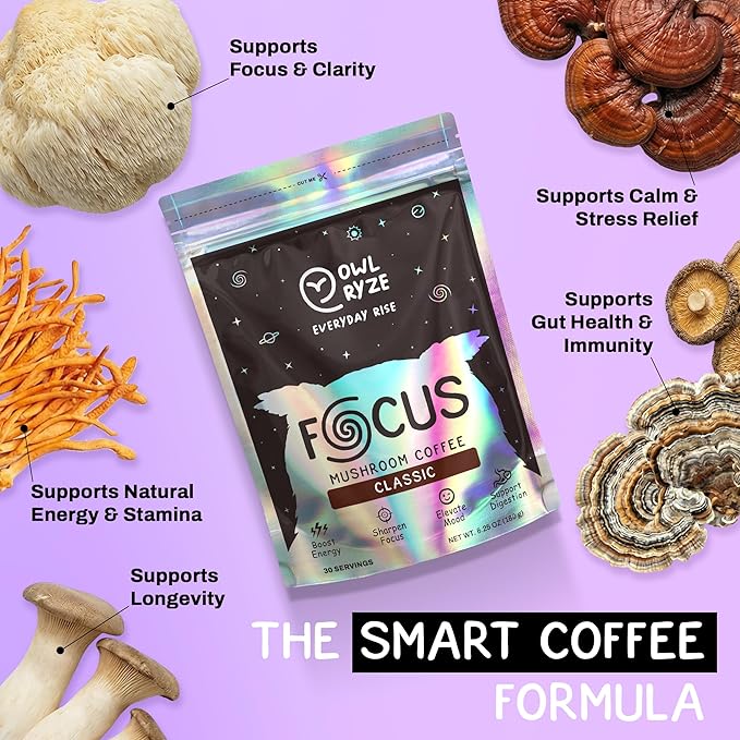 OwlRyze Mushroom Coffee Focus Classic with 6 Adaptogenic Mushrooms, MCT Oil, Premium Instant Coffee for Better Energy, Focus, Digestion, Immunity with Lions Mane & Turkey Tail, 30 servings