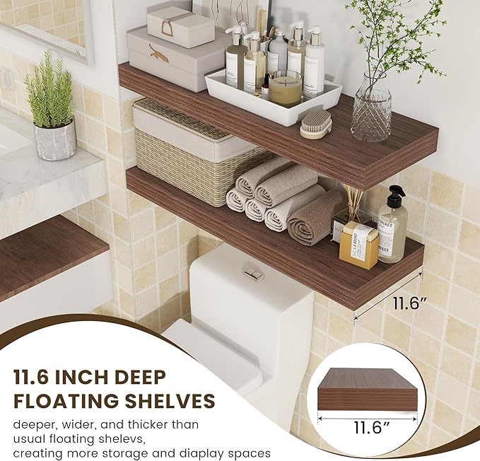Deep Floating Shelves | 36 Inch Walnut Floating Shelves Set of 2 | 12 Inch Deep Rustic Wood Shelves for Wall | 36" W x 12" D Walnut Shelves for Living Room Bathroom Laundry Room Kitchen