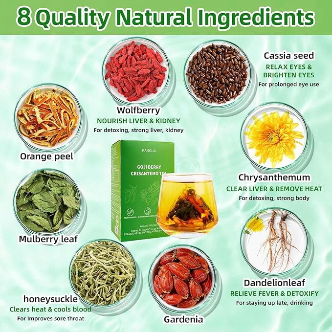 Chrysanthemum Goji Berry Liver Support Tea, Authentic Chinese Herbal Ingredients (Dandelion/Cassia Seed/Gardenia), Tea Bags, Vegan, Sugar-Free & Caffeine-Free,15 Count