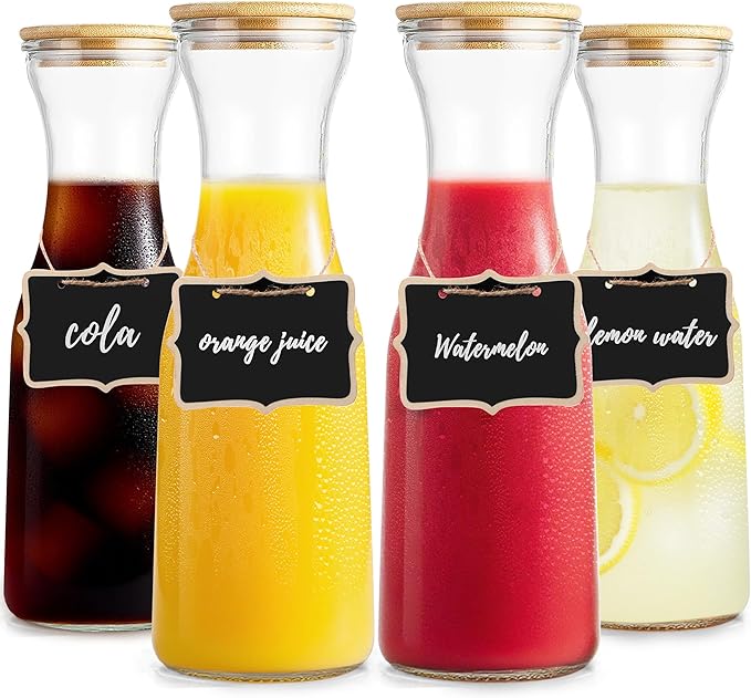 Glass Carafe with Bamboo Lid,35 Oz Beverage Dispensers Carafe,Mimosa Bar Supplies,Clear Glass Pitcher with Name Labels for Iced Tea,Coffee,Juice(Set of 4)