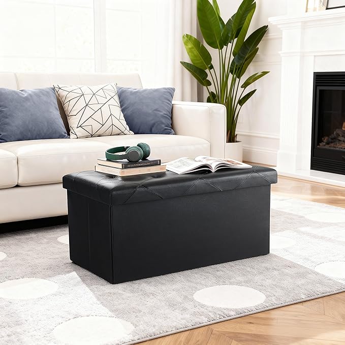 DUMOS Folding Storage Ottoman Bench 30in, Synthetic Leather Foot Rest Stools Ottoman with Storage Chest Footstool for Living Room, Bedroom, Load 660 lb, Vintage Black