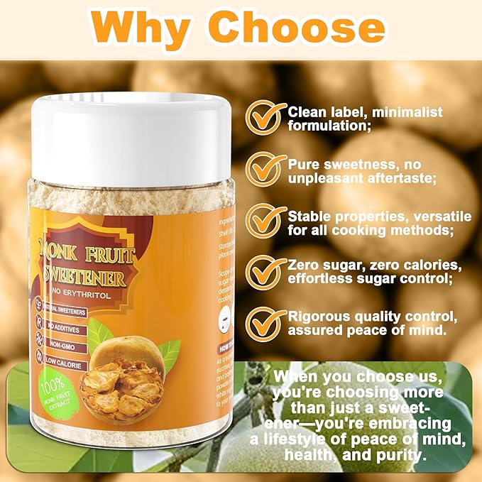 Monk Fruit Sweetener No Erythrytol - 7.8 oz Pure Monk Fruit Extract, Zero Calorie Powdered Monkfruit Sweetener for Smoothies, Coffee, Baking, Drinks 641 Servings
