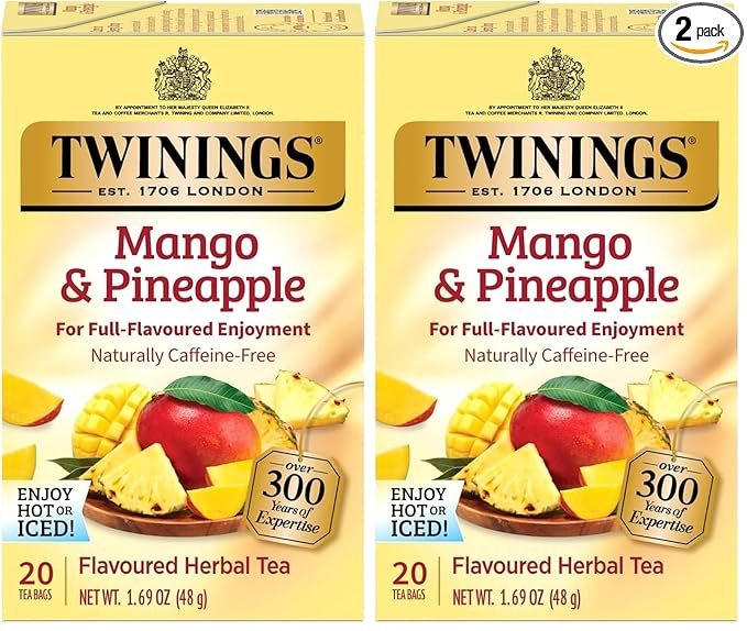 Twinings Mango & Pineapple Herbal Tea Individually Wrapped Bags, 20 Count (Pack of 2), Naturally Caffeine-Free, Enjoy Hot or Iced, 20 Teabags